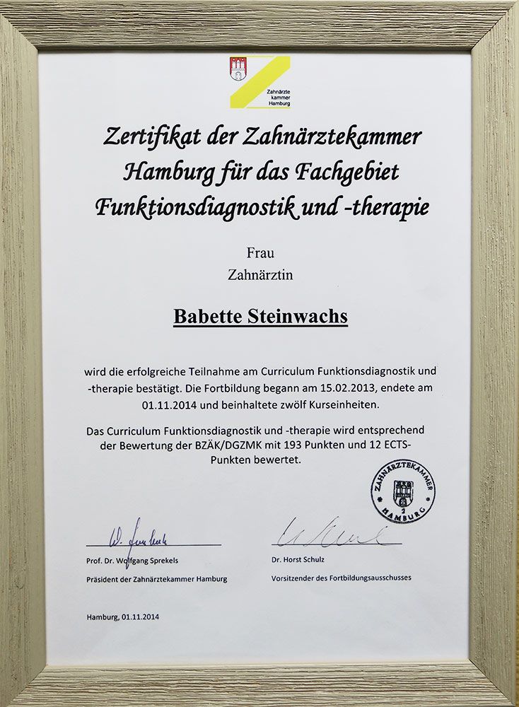 Zertifikat der Zahnärztekammer Hamburg für das Fachgebiet Funktionsdiagnostik und -therapie